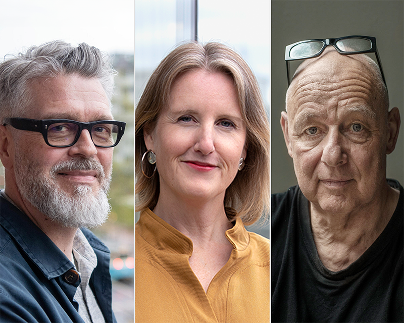 En sammansatt bild av tre personer. Till vänster är en man med skägg och glasögon, i mitten är en kvinna med axellångt hår, och till höger är en man utan hår på huvudet med glasögon på sitt huvud.