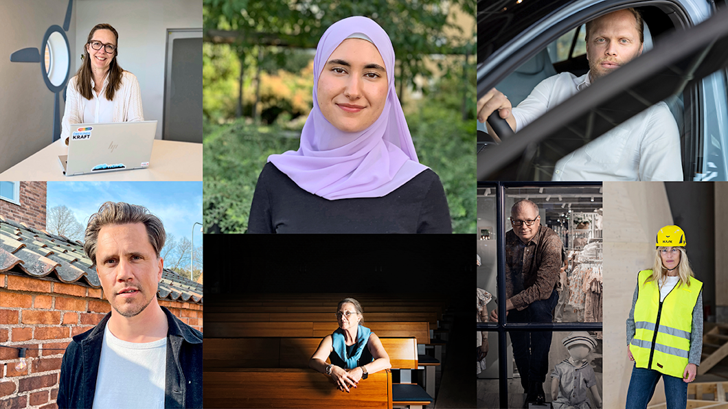 En grupp människor: en vid en laptop, en med hijab, en i bil, en utomhus, en i ett mörkt rum, en i ett labb och en med högsynlighetsväst och hjälm.