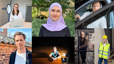 En grupp människor: en vid en laptop, en med hijab, en i bil, en utomhus, en i ett mörkt rum, en i ett labb och en med högsynlighetsväst och hjälm.