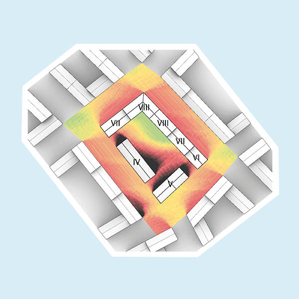 Ett diagram med en värmekarta överlagd på ett galleri med romerska siffror som pekar ut specifika punkter.