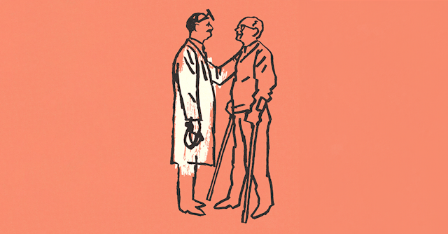 Illustration av en läkare med ett stetoskop som pratar med en patient på kryckor mot en orange bakgrund.