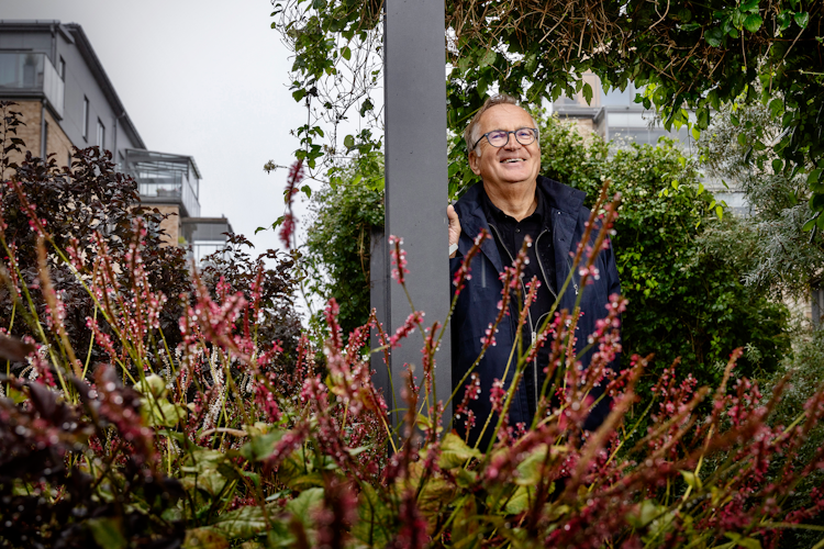 En person med glasögon står utomhus bland grönska och röda blommor, med moderna byggnader i bakgrunden.