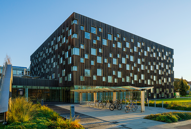 En modern kubformad byggnad med ett rutmönster av fönster och träpaneler. Framför finns cykelställ och en gångväg omgivet av gröna växter under en molnfri himmel.