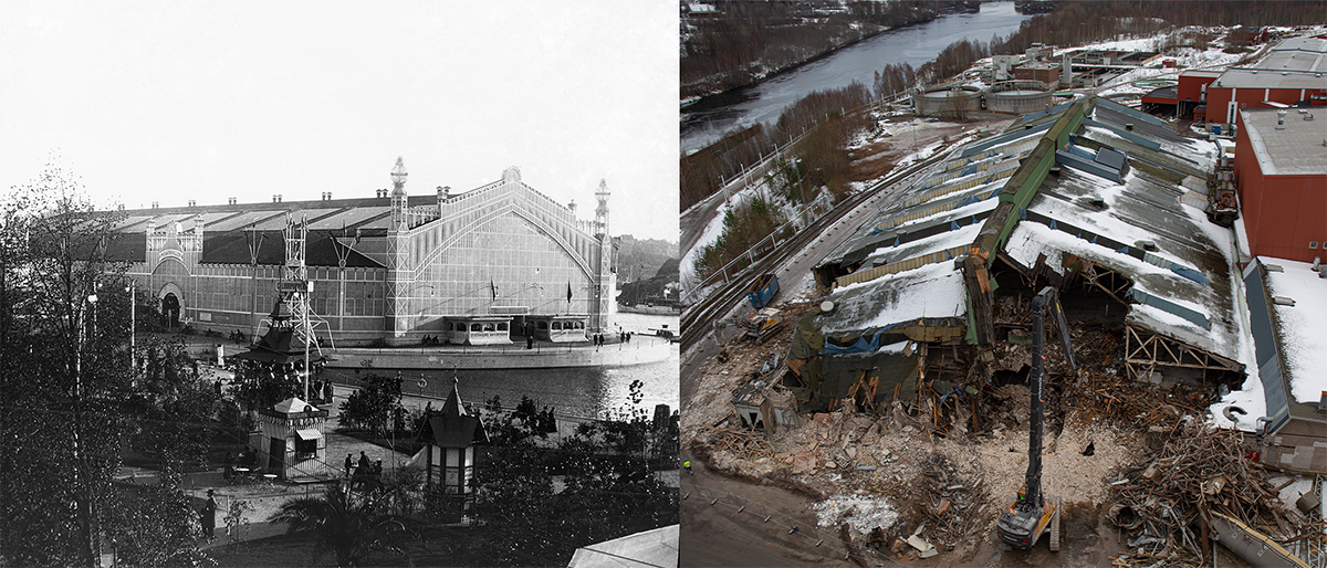 Historisk utställningshall till vänster; nu delvis riven och täckt av snö till höger.