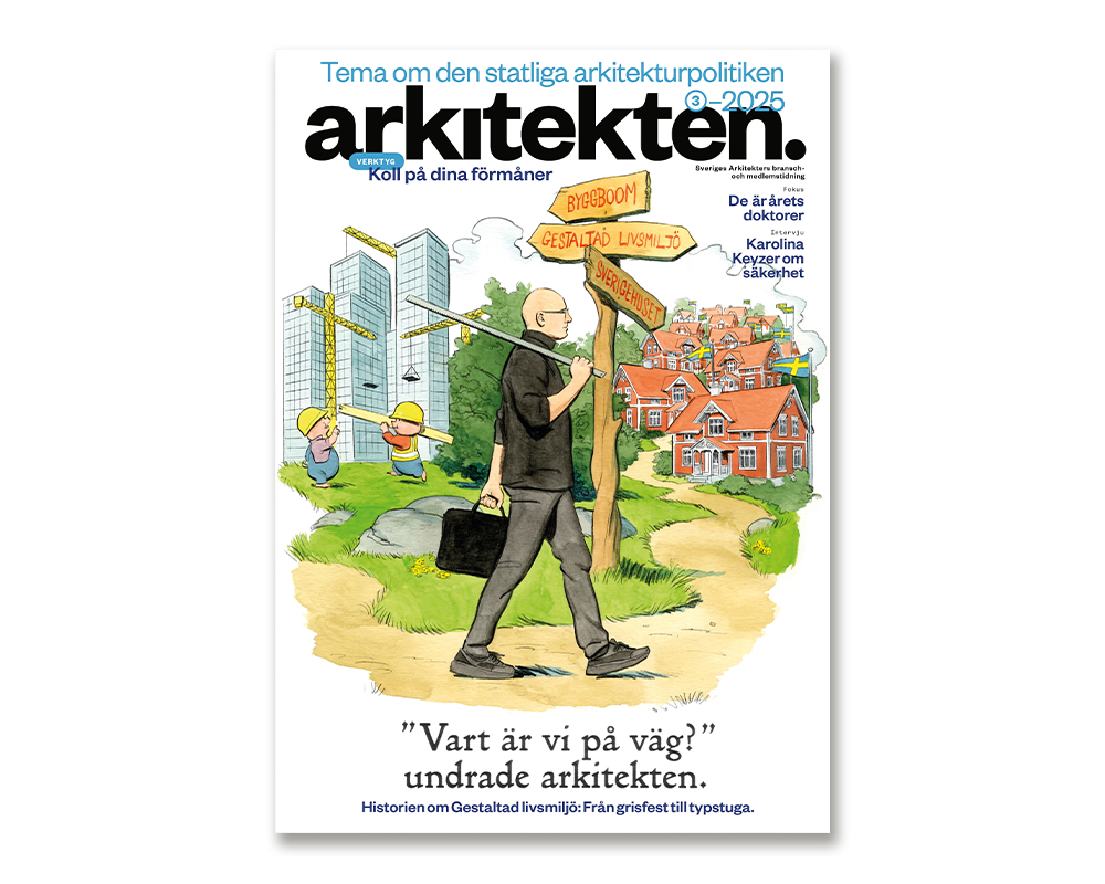 Tidskriftsomslag med titeln "Arkitekten" visar en man med portfölj vid ett vägskäl, med skyltar mot "Byggboom" och "Gestaltad livsmiljö." I bakgrunden syns byggnader och byggarbetare.