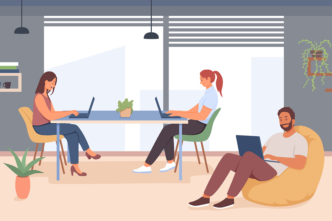 Illustration av tre personer som arbetar vid sina bärbara datorer på ett kontor; två sitter vid ett bord och en sitter på en sittsäck. I rummet finns växter och stora fönster.