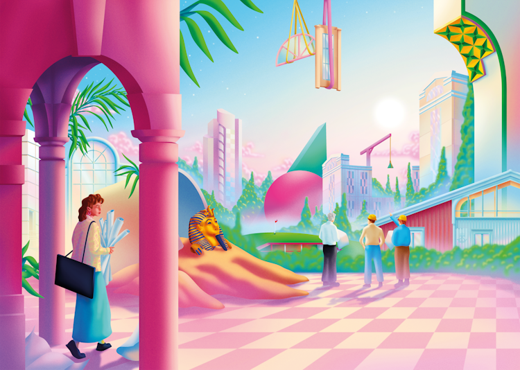 En illustration av en kvinna som står med ritningar under valvbågar och ser på en stadsmiljö med moderna byggnader, växtlighet, en sfinxstaty och fyra personer som står på ett golv med rosa rutor.