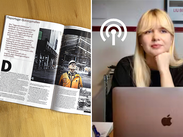 En uppslagen tidning med en artikel om industri och en kvinna med blont hår som sitter vid ett skrivbord med en bärbar dator. Ovanför hennes huvud finns en ikon för podd.