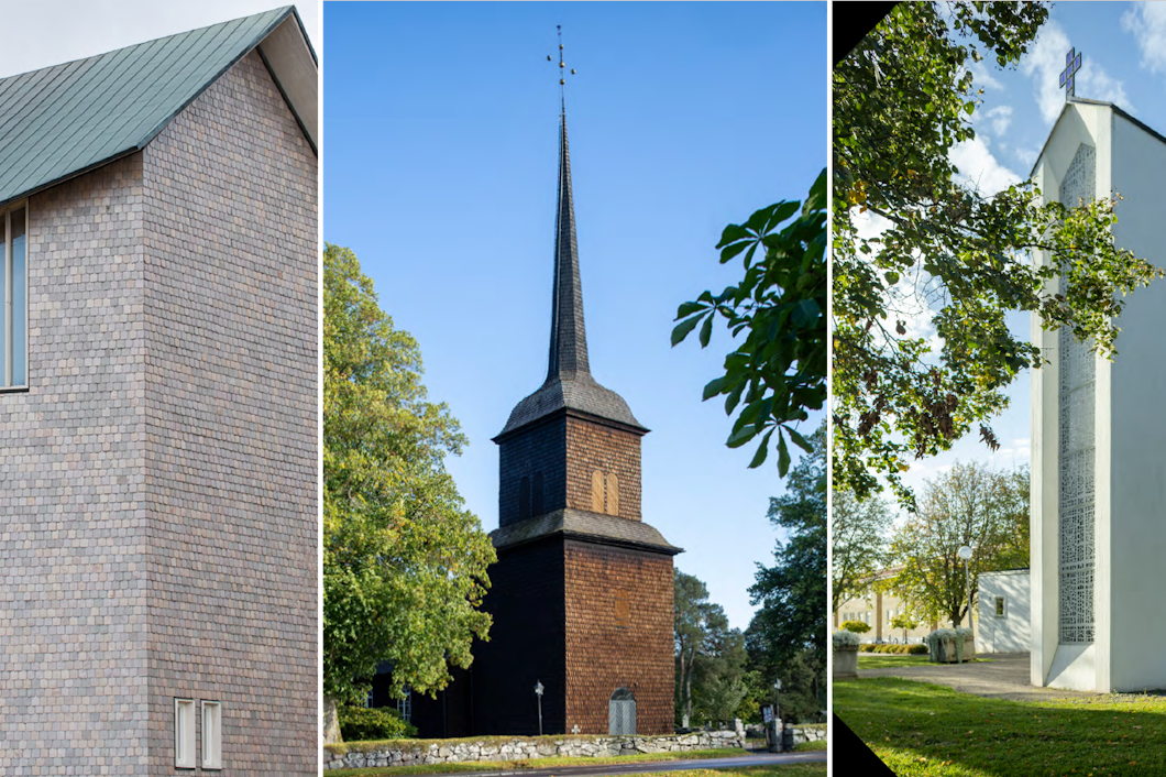 Bilder bredvid varandra visar tre kyrkor: en kyrka bygd i tegel, en träkyrka med ett högt torn och en vit kyrka med smala fönster.