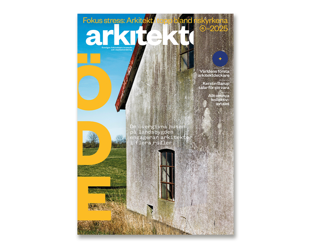 Omslag till tidskriften "arkitektur" med en närbild av ett gammalt hus på landet. Stor gul text med ordet "ÖDE!" samt artikelrubriker i vitt mot blå och gul bakgrund.