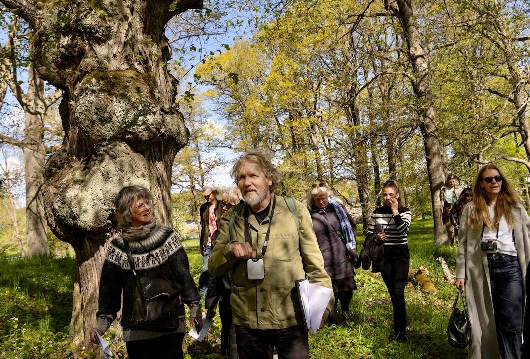 En grupp människor går i en rad genom en park med gräs och träd under dagen.