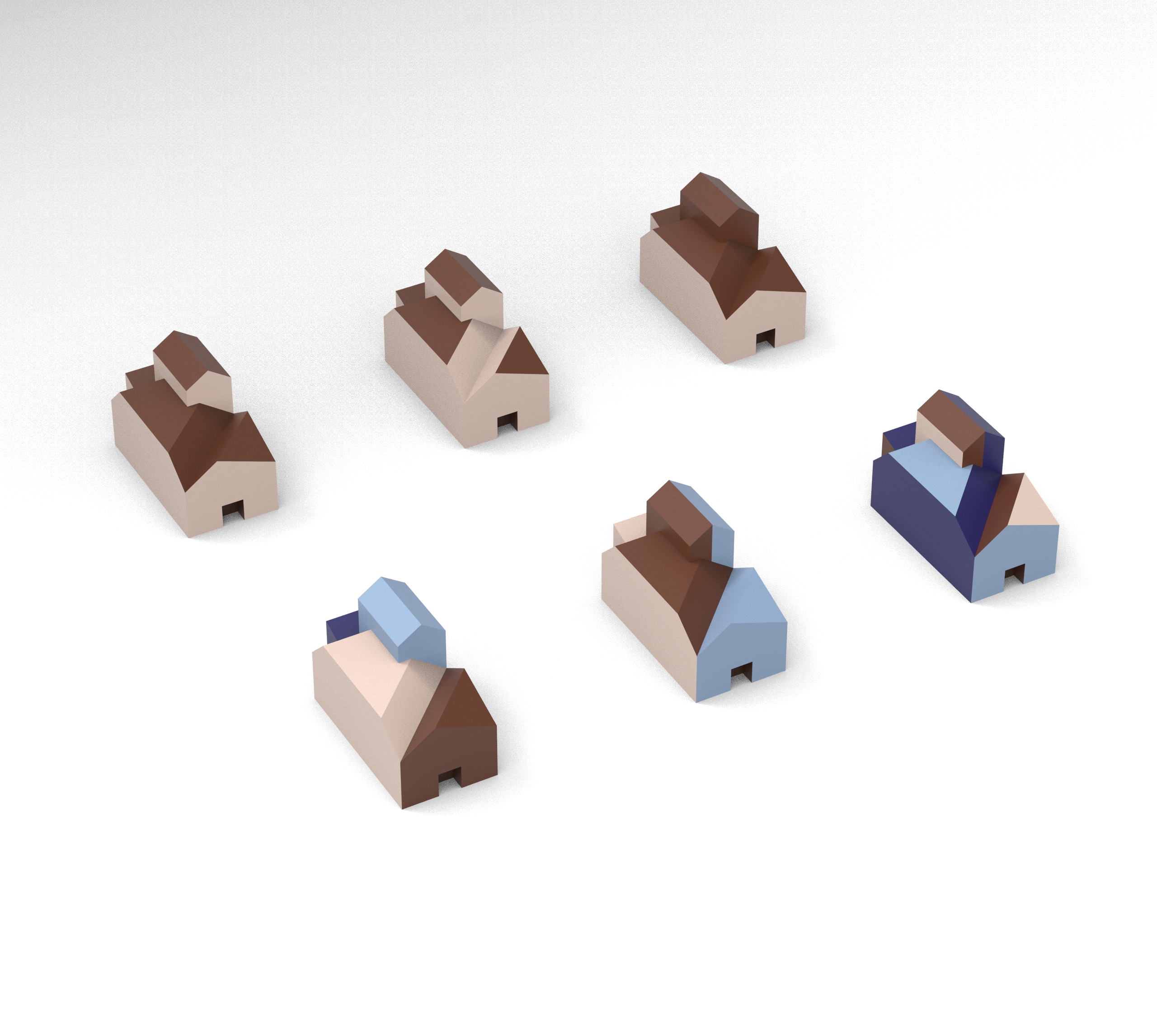 Sex enkla husmodeller med geometriska former i bruna, beige och blå nyanser står uppställda i två rader på en vit bakgrund.