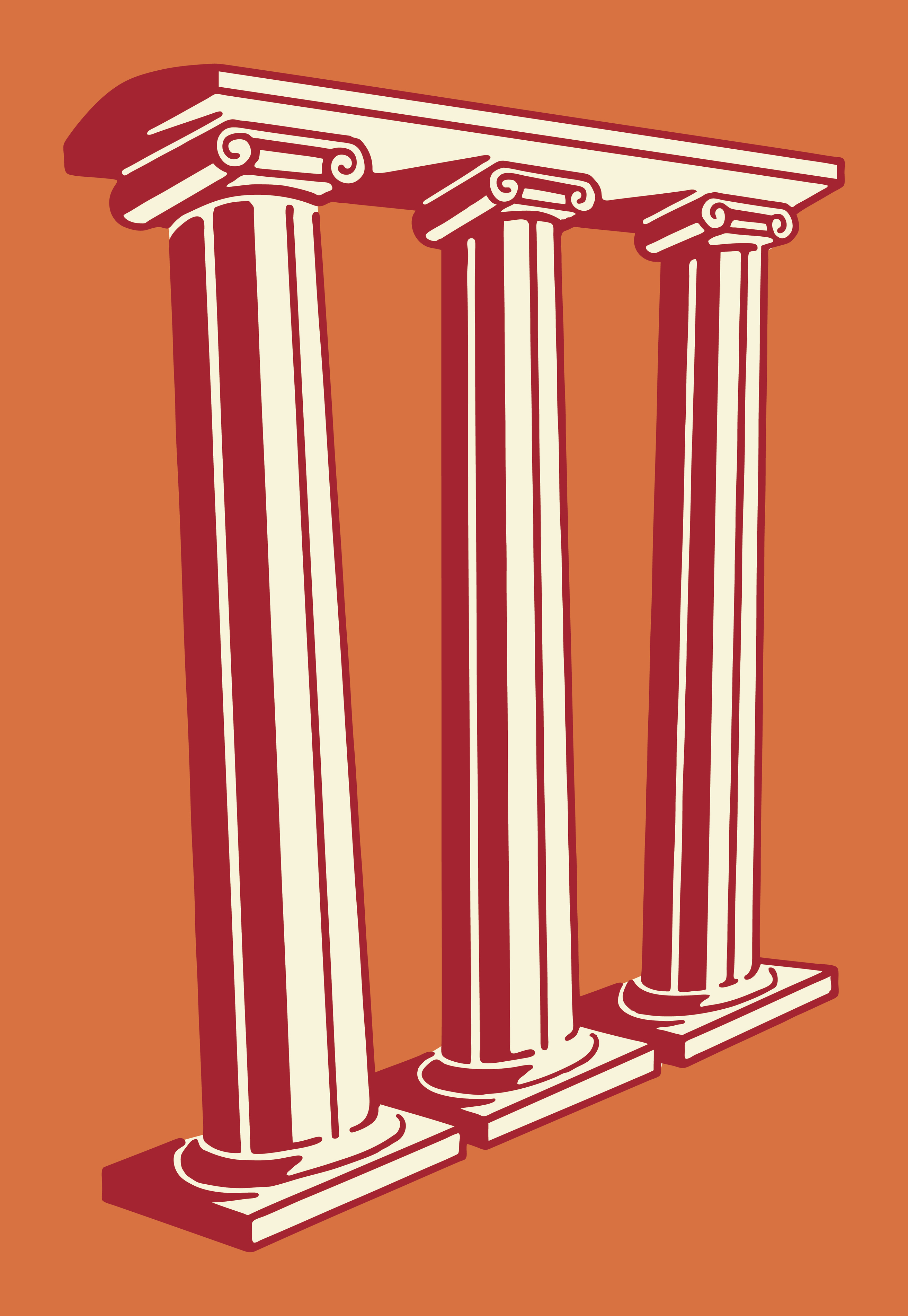 Illustration av tre kolonner i klassisk grekisk stil med röda skuggor mot orange bakgrund.