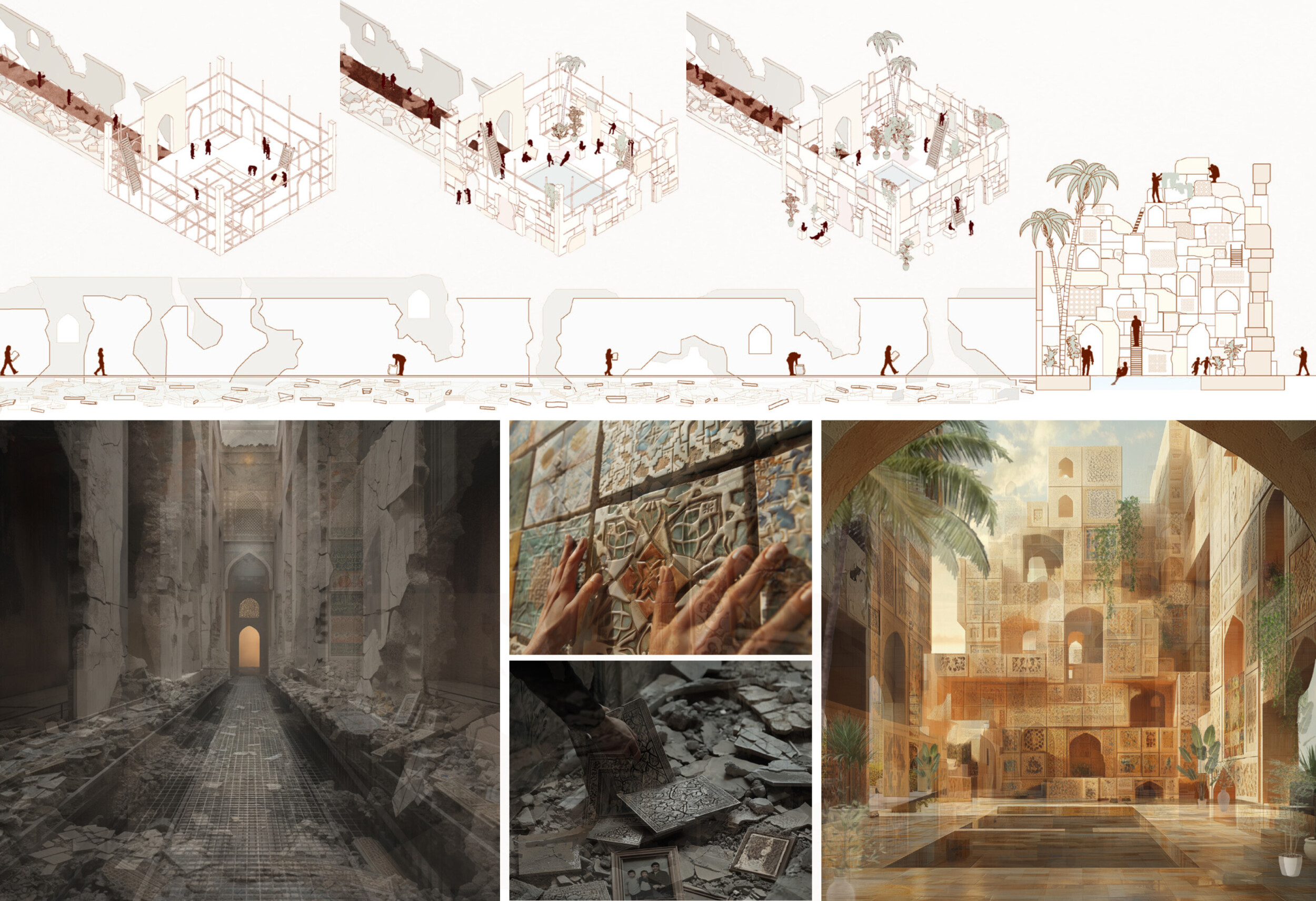 Collage med arkitekturritningar, byggnadssektioner och renderingar där personer syns vid ruiner, plattor och rekonstruerade strukturer.