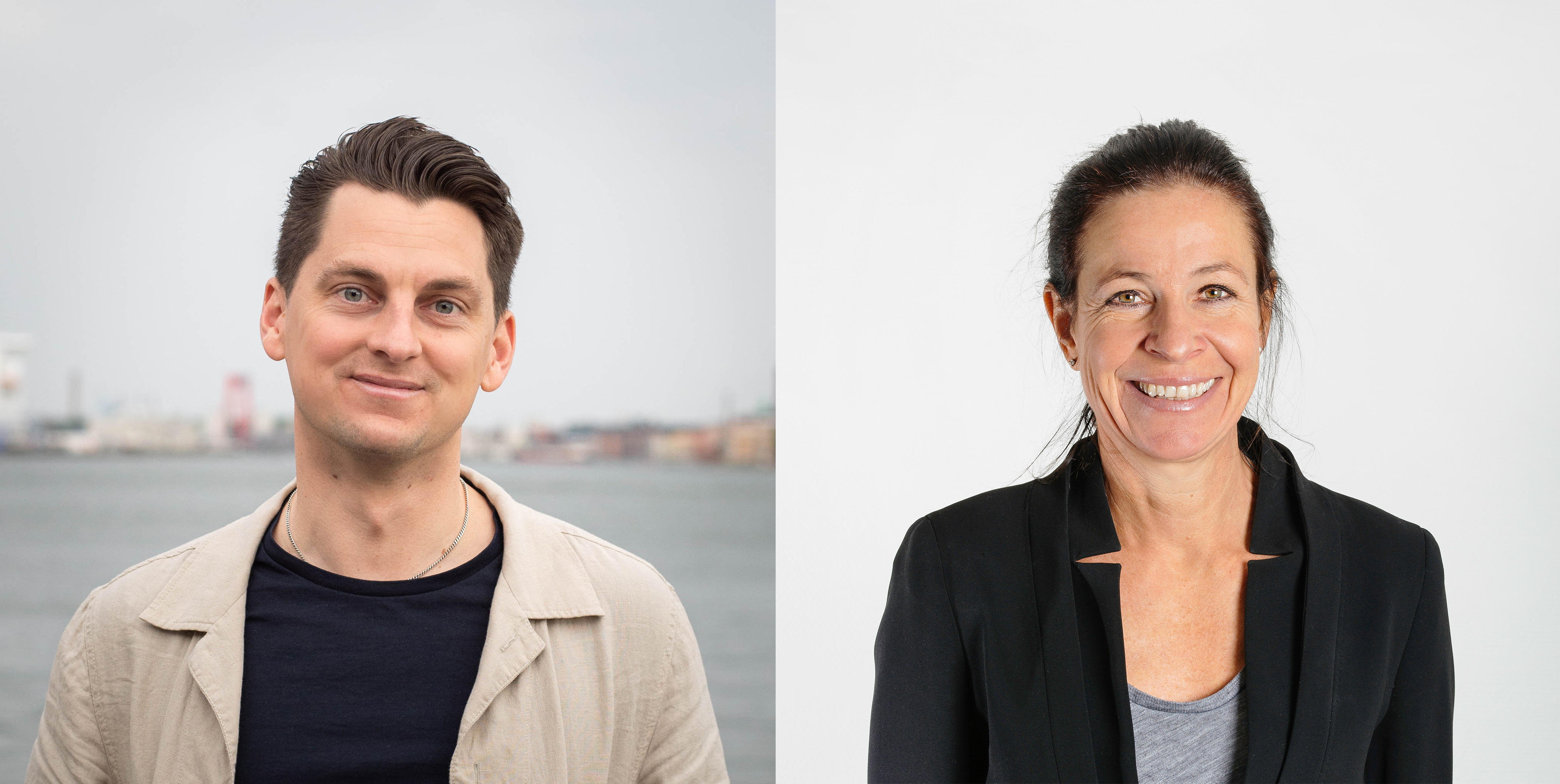 En man står utomhus vid vatten med en ljus jacka över en mörk skjorta; en kvinna står inomhus mot vit bakgrund i svart kavaj och ler.