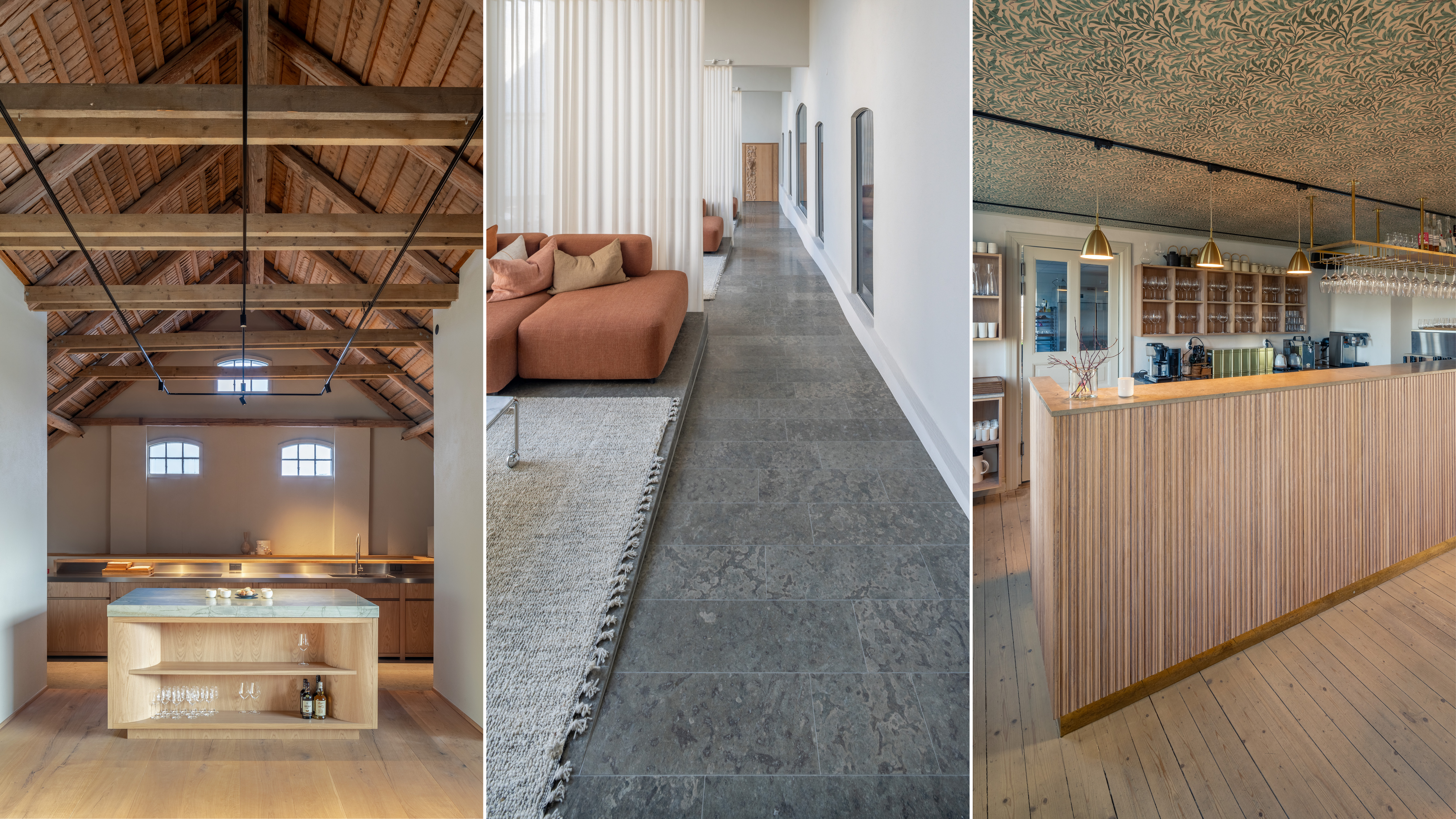 Tre inomhusmiljöer: ett kök med synliga takbjälkar, en hall med stengolv och brun soffa samt en bardel med träpanel och glas.