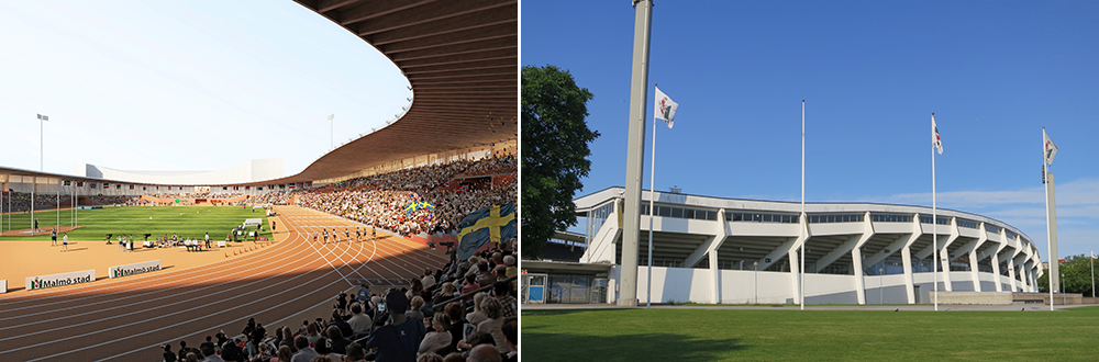 Två bilder sida vid sida: vänster visar ett fullsatt friidrottsstadion under ett evenemang; höger visar stadion utifrån.