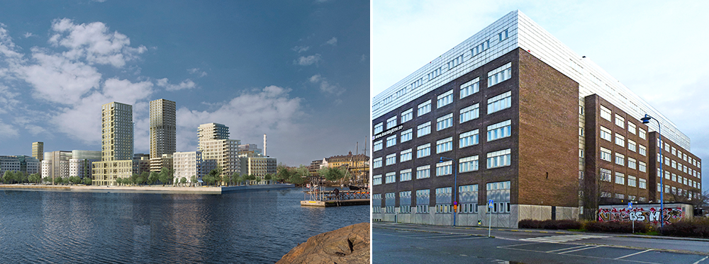 Vänster: Höga byggnader vid vattnet med glasfasader. Höger: Stor industribyggnad i tegel med många fönster och gatugraffiti.