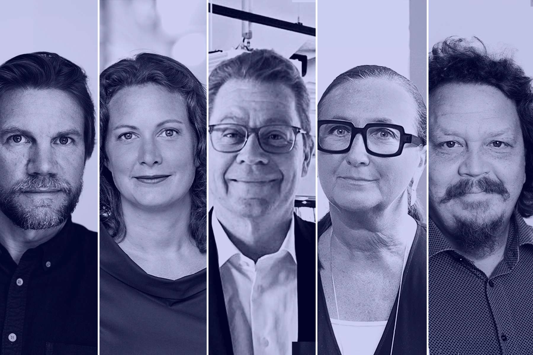 Fem vuxna, tre män och två kvinnor, syns i vertikalt delade porträttpaneler och ser in i kameran utan uttryck.