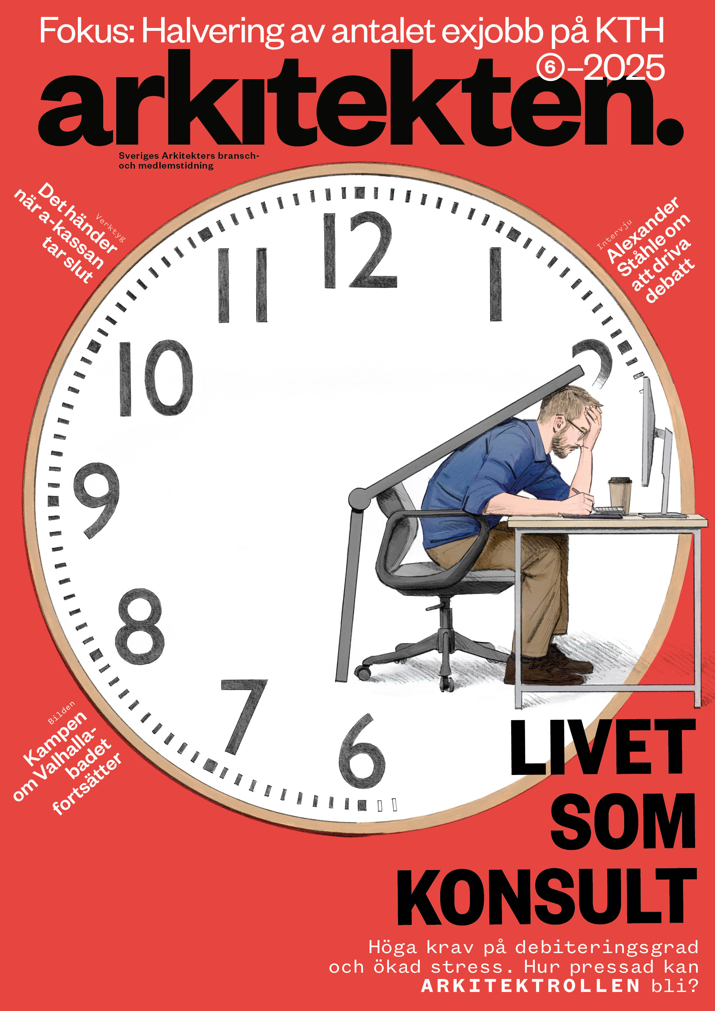 En man sitter vid ett skrivbord med en bärbar dator. En stor klocka i bakgrunden visar 8:00. Svensk text om konsultlivet finns runt bilden.