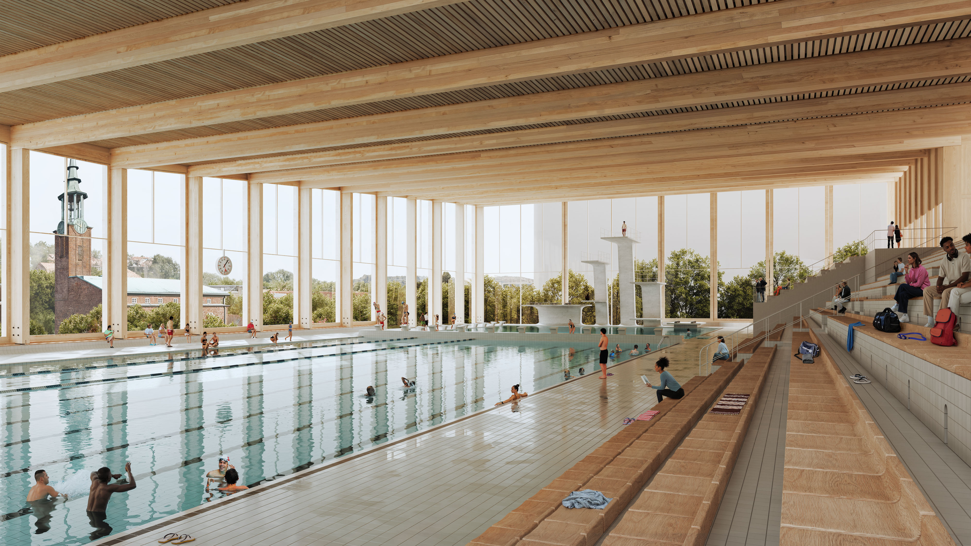 Visualisering av inomhusbassäng med träbalkar, stora fönster, hopptorn, simmande personer och åskådare. Träd och ett klocktorn syns utanför.