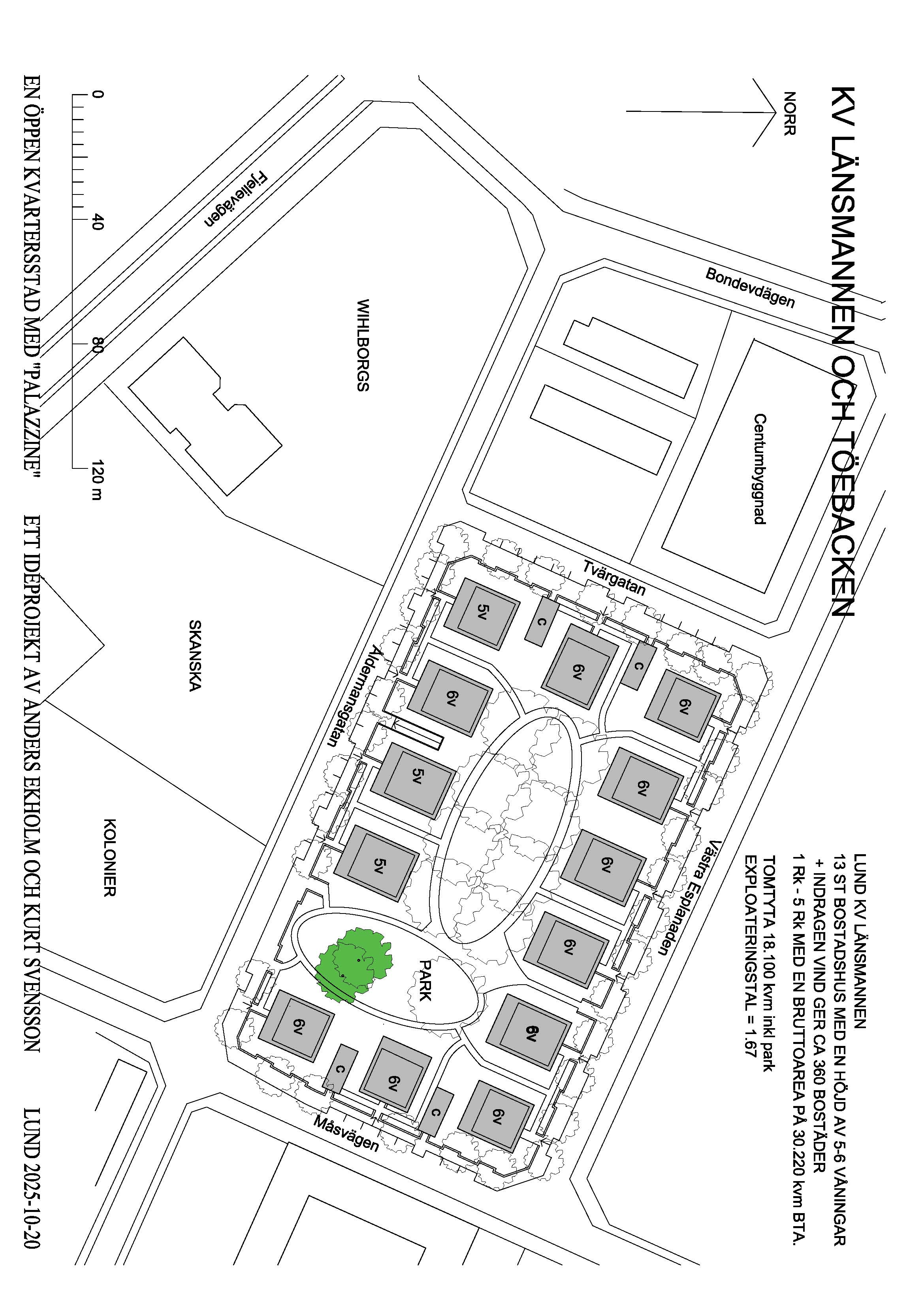Situationsplan över bostadsområdet Länsmannen och Töebacken i Lund med byggnader, vägar, parkeringar, grönområden samt etiketter och nordpil.