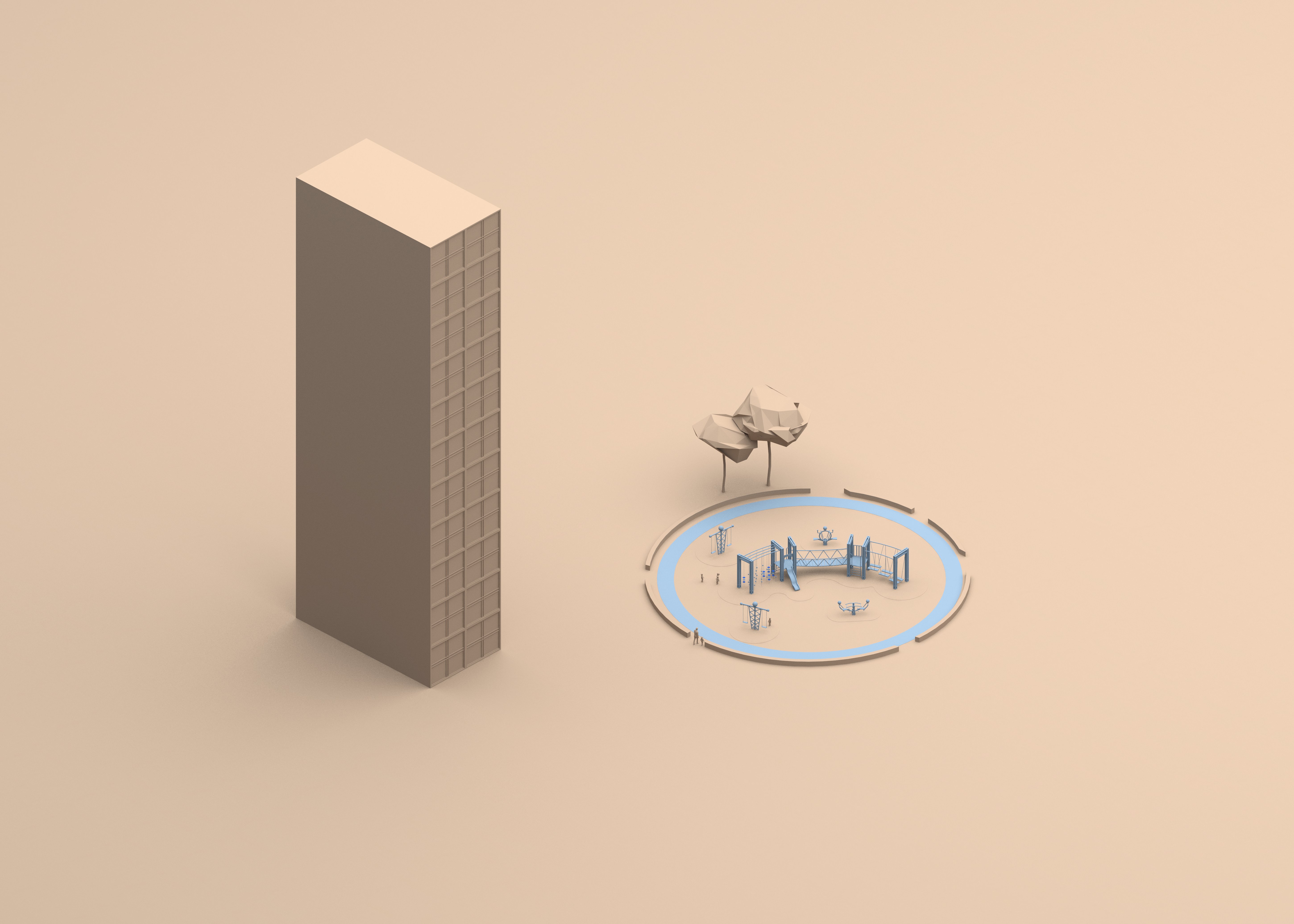 En rektangulär byggnad står bredvid en rund lekplats med blå utrustning och två träd mot en beige bakgrund.