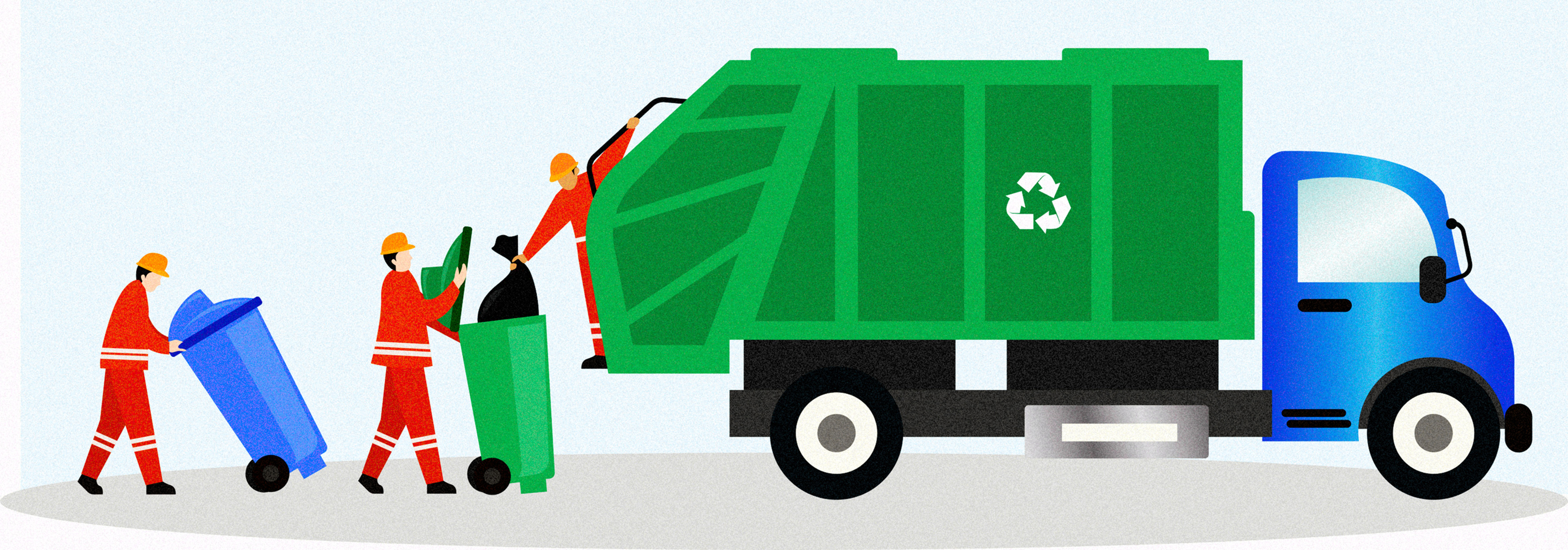 Illustration av tre arbetare i orange uniformer och hjälmar lastar blåa och gröna kärl in i en grön sopbil med återvinningssymbol på sidan.