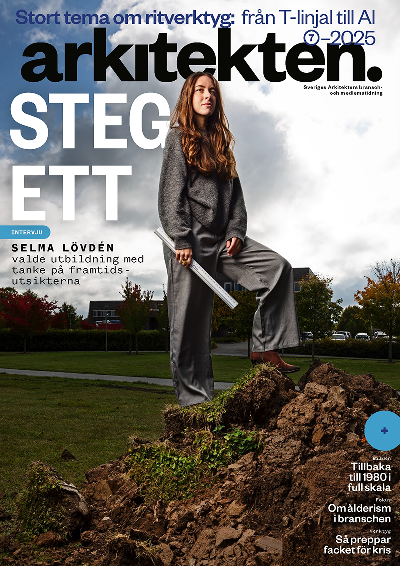 En kvinna står på en jordhög och håller i en linjal, med en skolbyggnad och träd bakom. Omslaget har titeln "arkitekten" och svenska rubriker.