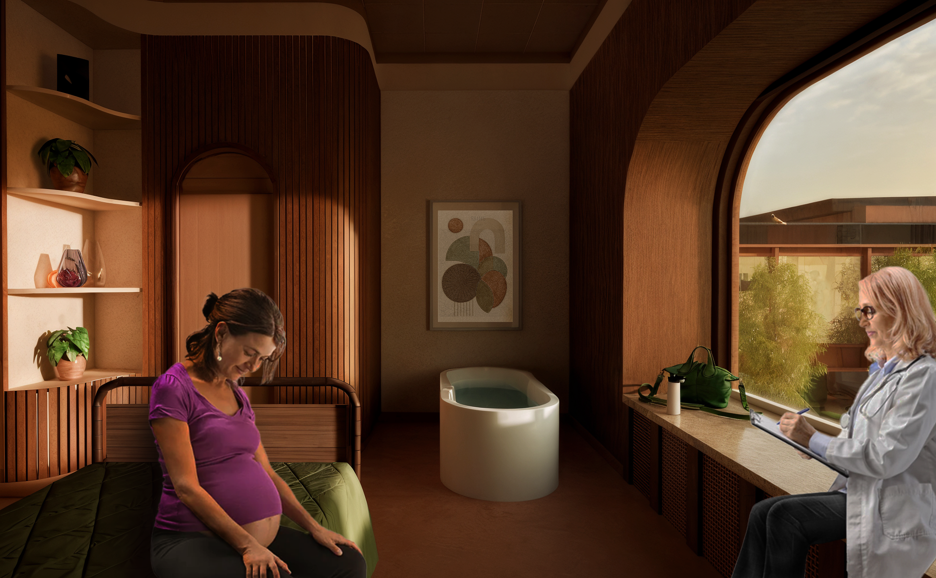 En gravid kvinna sitter på en säng medan en läkare med ett block sitter bredvid. Ett förlossningsbad och ett fönster syns i bakgrunden.