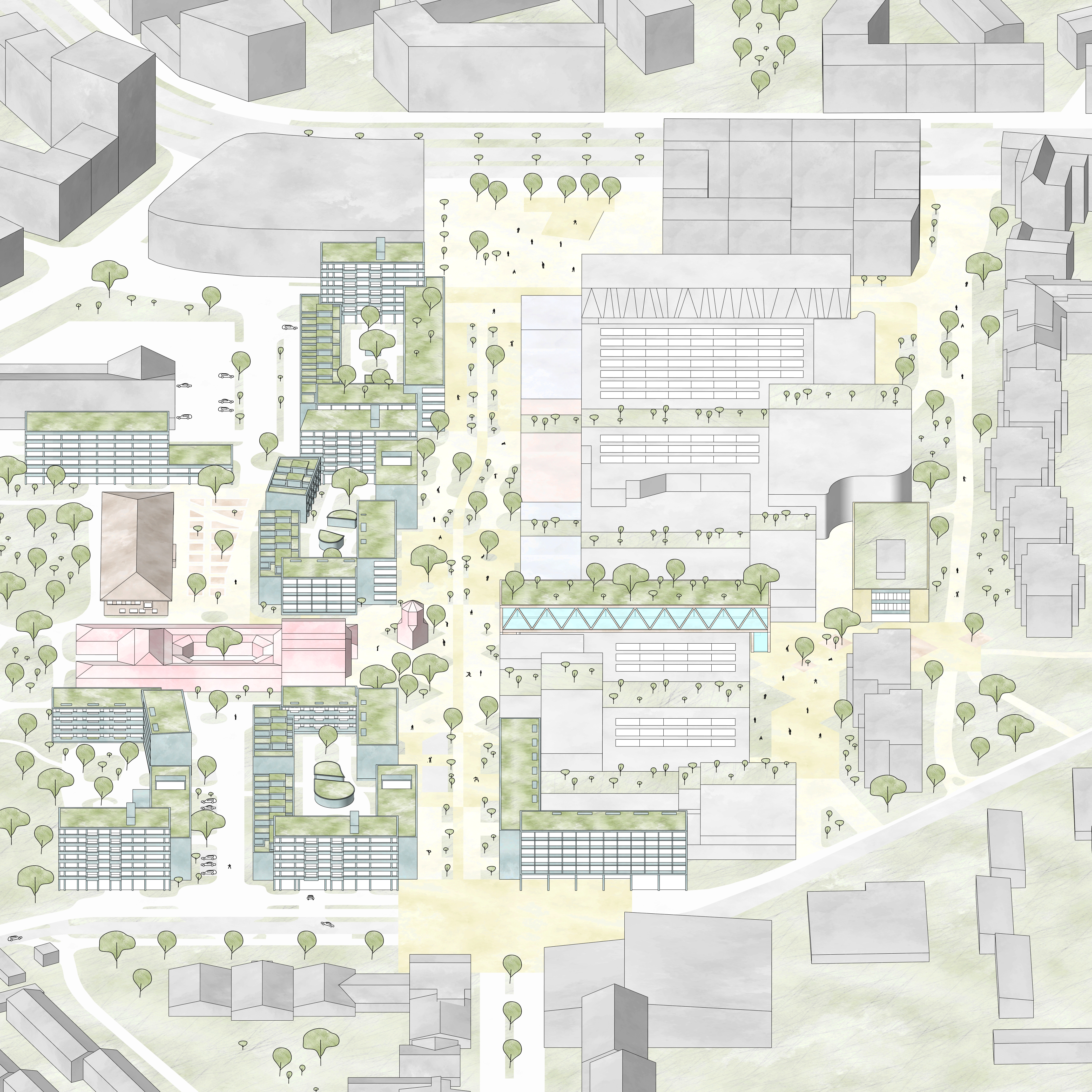 Flygbild av en stadsplan med byggnader, grönområden, träd, gångvägar och öppna torg i rutnät.