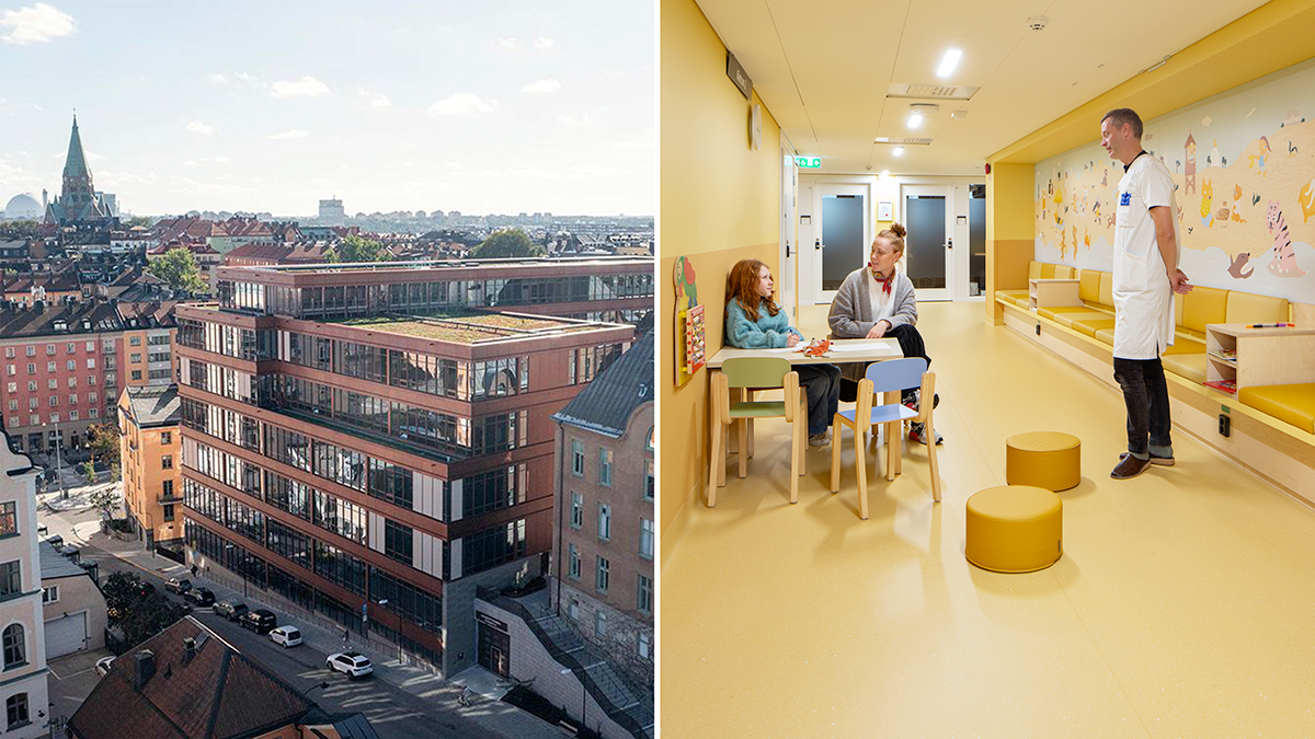 Delad bild: Vänster visar en flygvy över ett sjukhus i tegel i en stad. Höger visar en läkare som talar med ett barn och en vuxen i en sjukhuskorridor.
