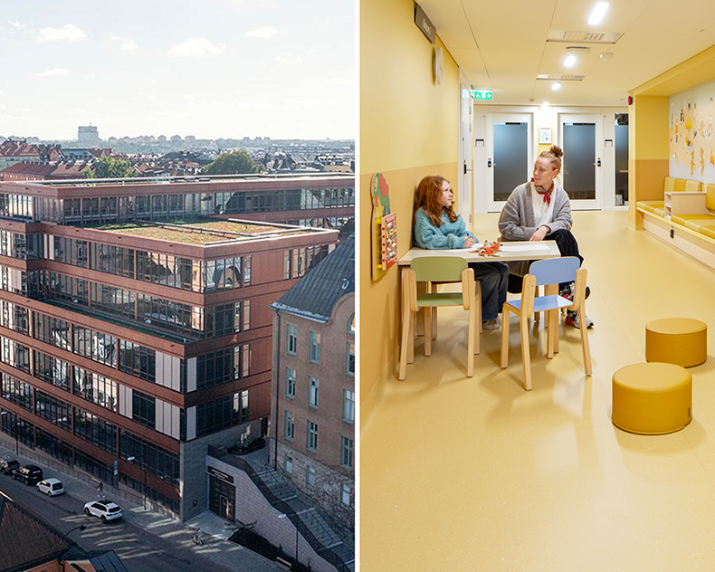 Delad bild: vänster sida visar en flervåningsbyggnad med takträdgård; höger sida visar ett barn och en vuxen vid ett bord i en hall med gula väggar och sittplatser.