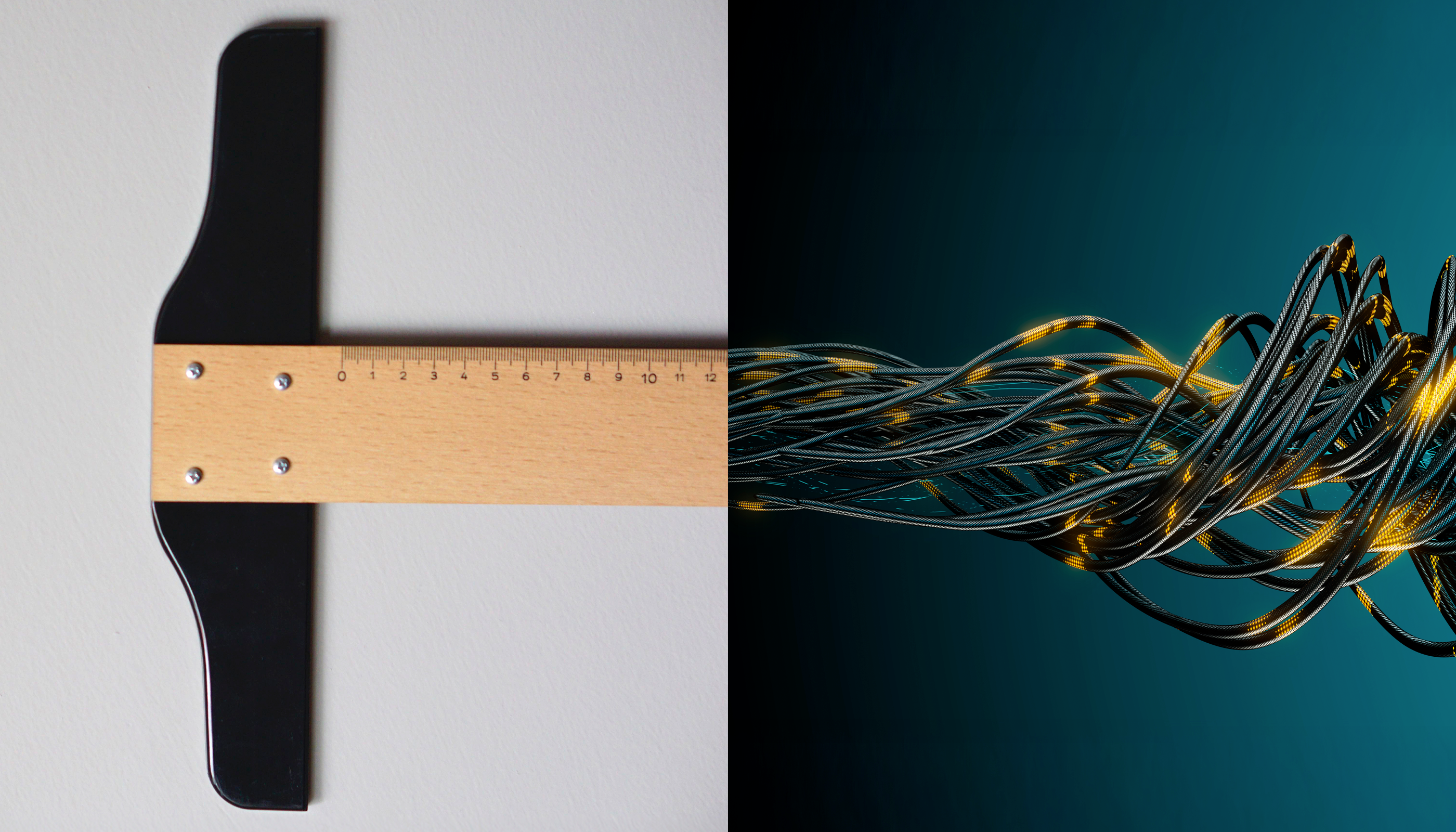 En T-linjalen ligger på en vit yta till vänster, till höger syns abstrakta metalltrådar med ljus på mörk bakgrund.