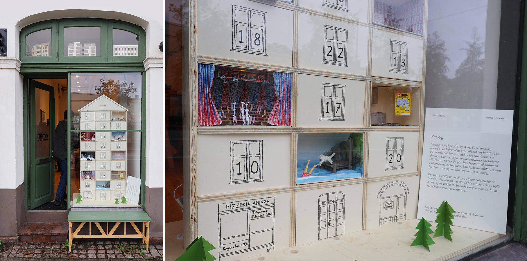Ett skyltfönster har en utställning formad som ett hus, med numrerade fönsterlådor med små scener och text samt en informationsskylt.