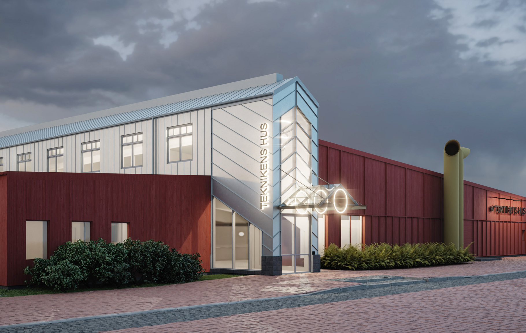 En byggnad med röda och vita ytterväggar, stora fönster och en ingång av glas märkt "TEKNIKENS HUS" under molnig himmel.