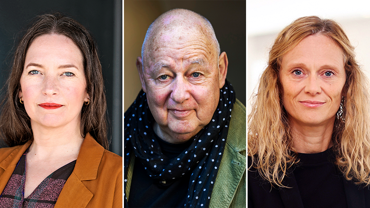 Tre vuxna syns i separata porträttfoton: en kvinna med långt brunt hår, en skallig man med en scarf och en kvinna med blont hår, alla vända mot kameran.