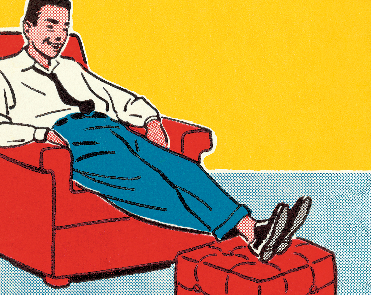 Illustration av en man i skjorta och slips sitter i en röd fåtölj med fötterna på en fotpall mot gul och blå bakgrund.