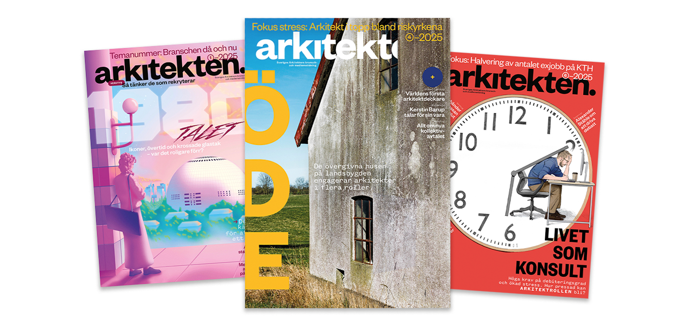 Tre nummer av den svenska tidskriften "Arkitekten" visas med olika omslag och ämnen om arkitektur och yrket.
