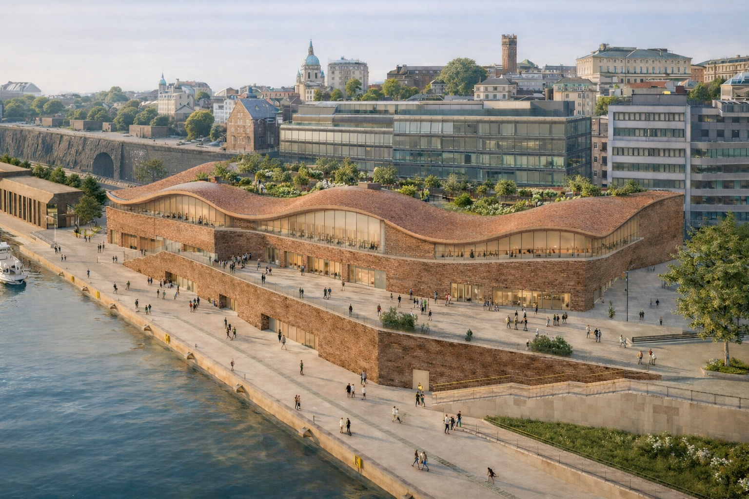 En byggnad vid vattnet med vågformat tak och stora fönster står vid en flod, omgiven av gående personer och äldre stadshus.