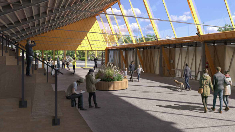 Personer går, sitter och pratar i en inomhusmiljö med stora fönster och växter. Några har hund, andra fotar eller läser.