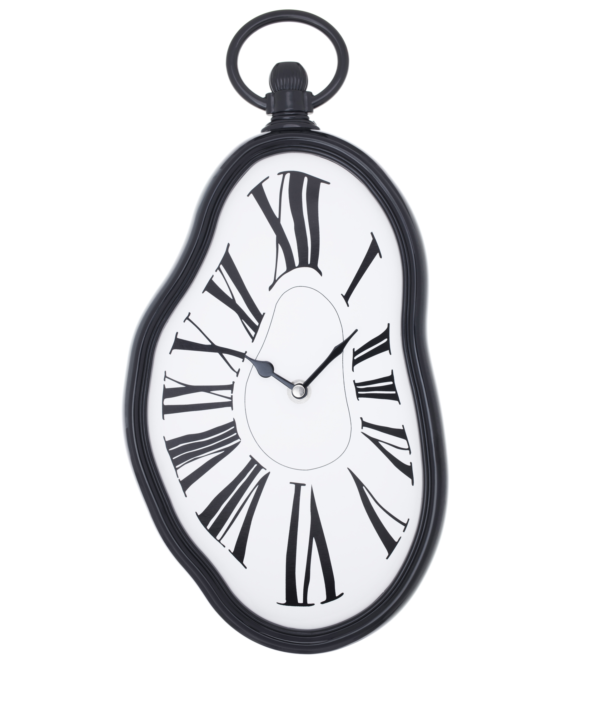 En skev fickur med romerska siffror och svart ram, inspirerat av Salvador Dalís surrealistiska stil mot vit bakgrund.