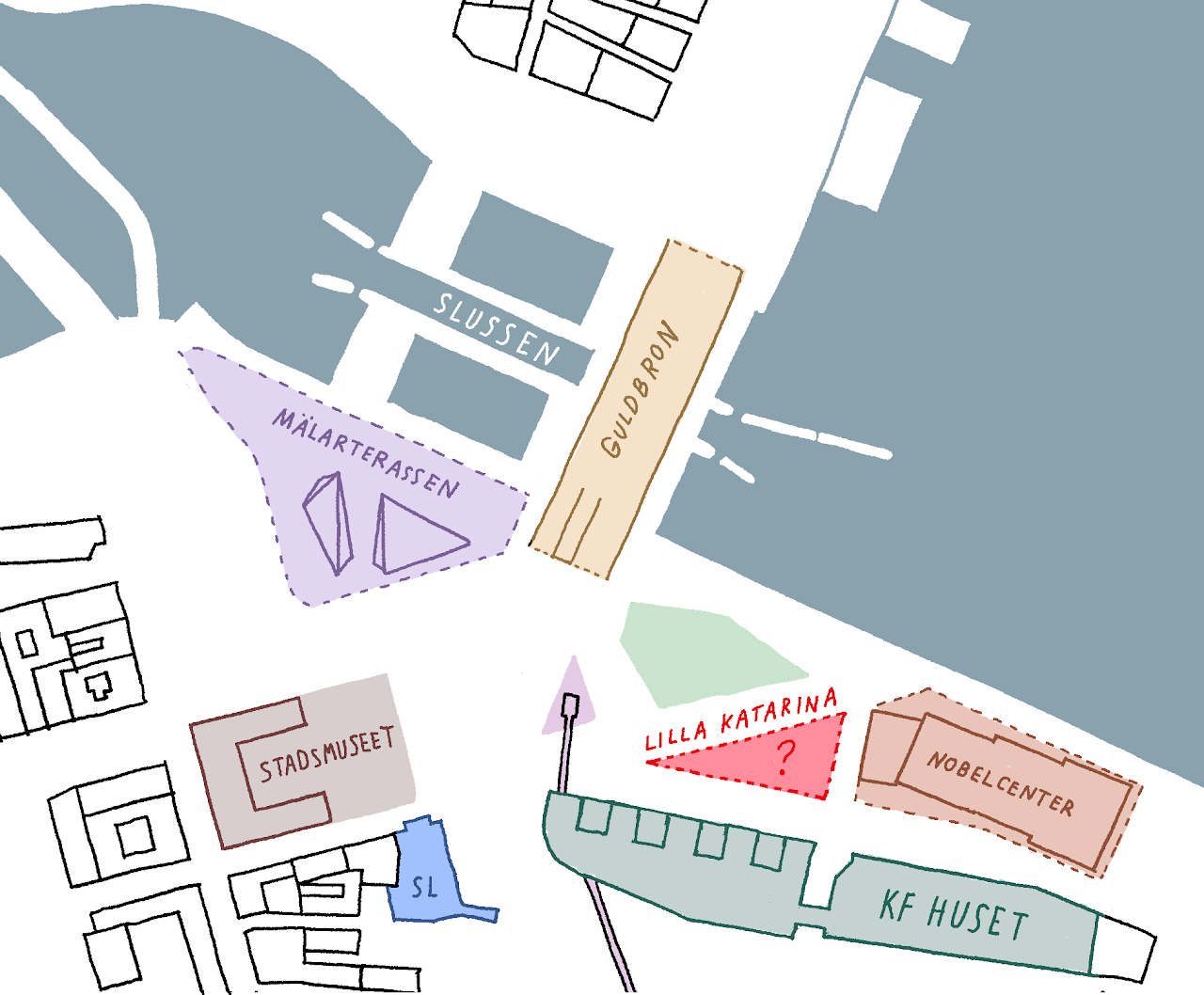En karta som visar sevärdheter i Slussenområdet i Stockholm: Guldbron, Mälarterrassen, Stadsmuseet och Nobel Center. Områden markerade i olika färger.