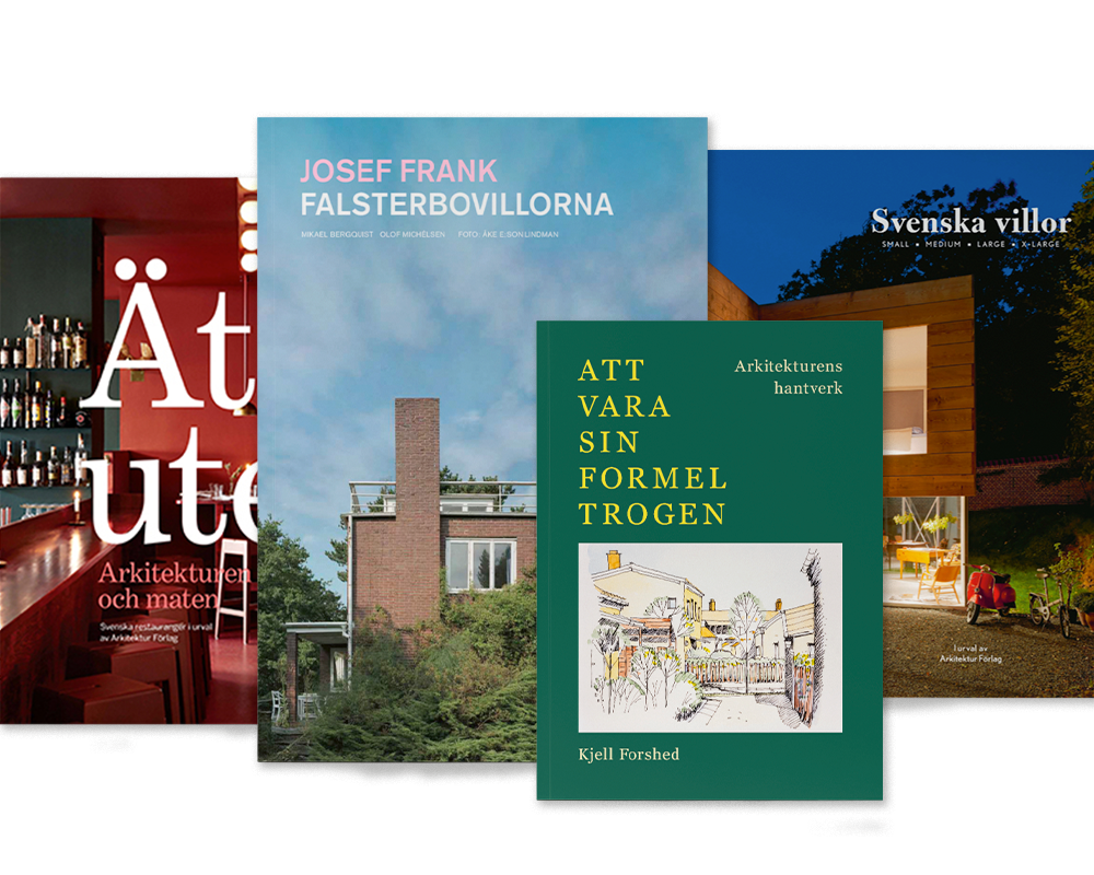 Fyra svenska arkitekturböcker ligger omlott, titlarna "Josef Frank Falsterbovillorna" och "Att vara sin formel trogen" syns.
