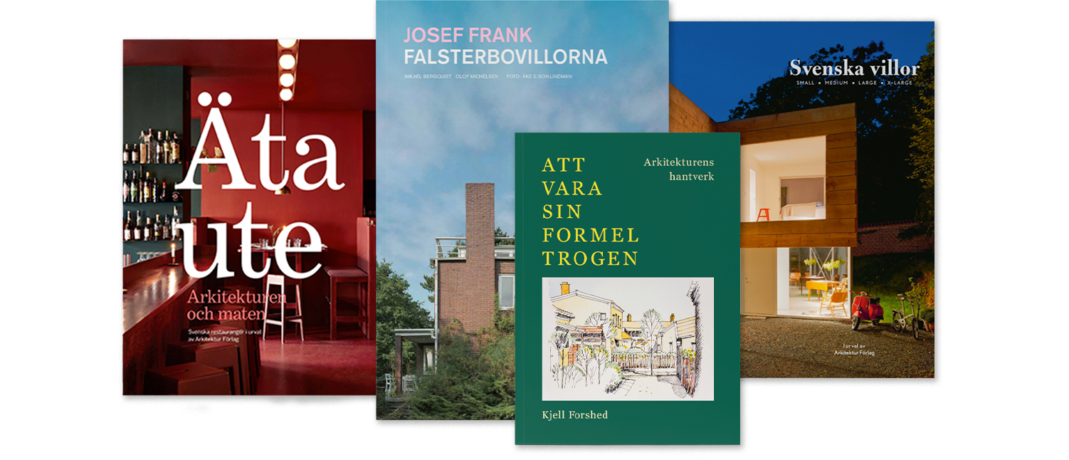 Fyra svenska arkitekturböcker står uppradade. Varje bok har egen titel och bild med koppling till design och byggnader.