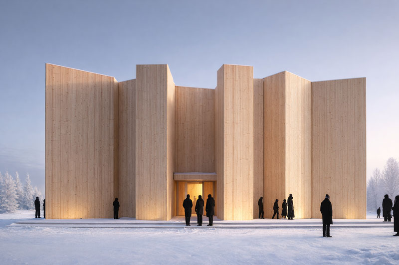 En byggnad i trä med geometrisk struktur står i ett snöigt landskap, flera personer är samlade utanför.