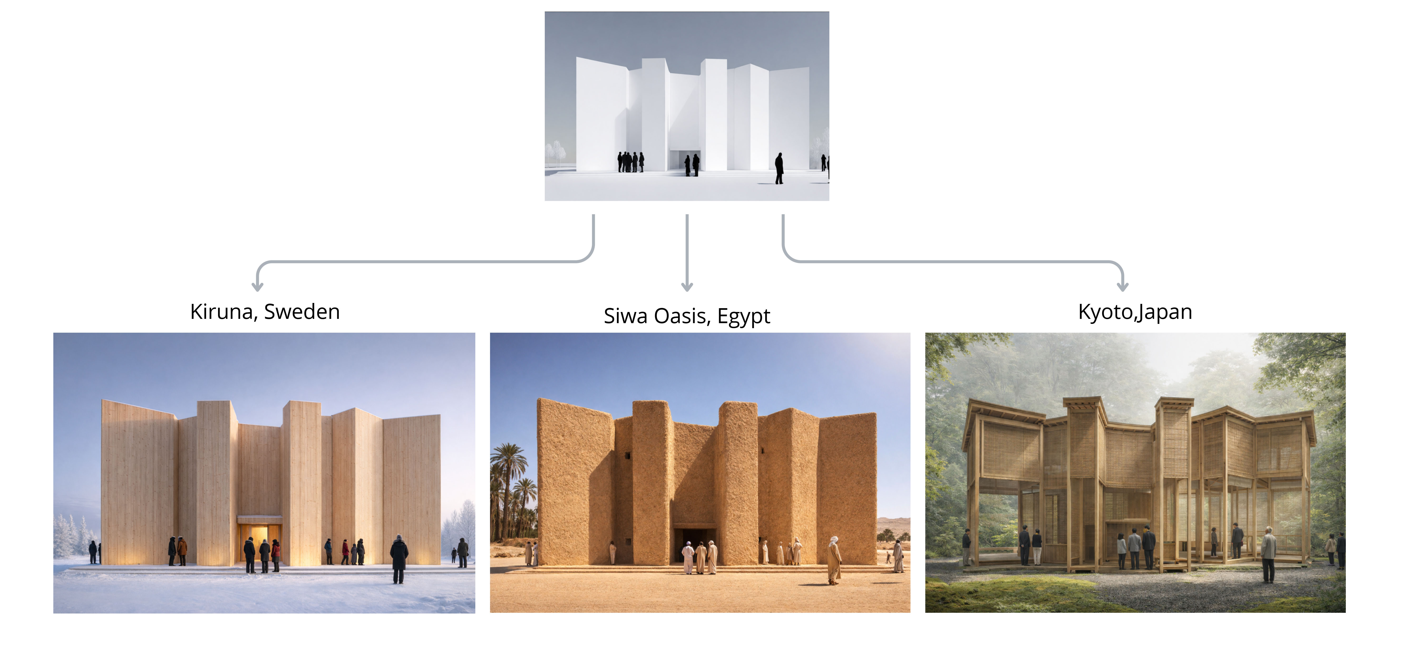 En modern byggnad visas överst med pilar till tre regionala varianter i Sverige, Egypten och Japan med lokala stilar och material.