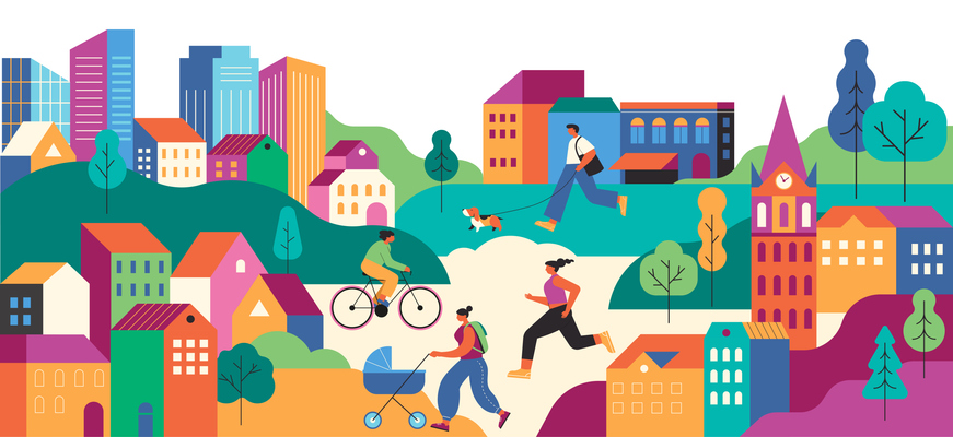 Illustration av personer som joggar, cyklar, rastar en hund och skjuter en barnvagn i ett stadsområde med byggnader och träd.