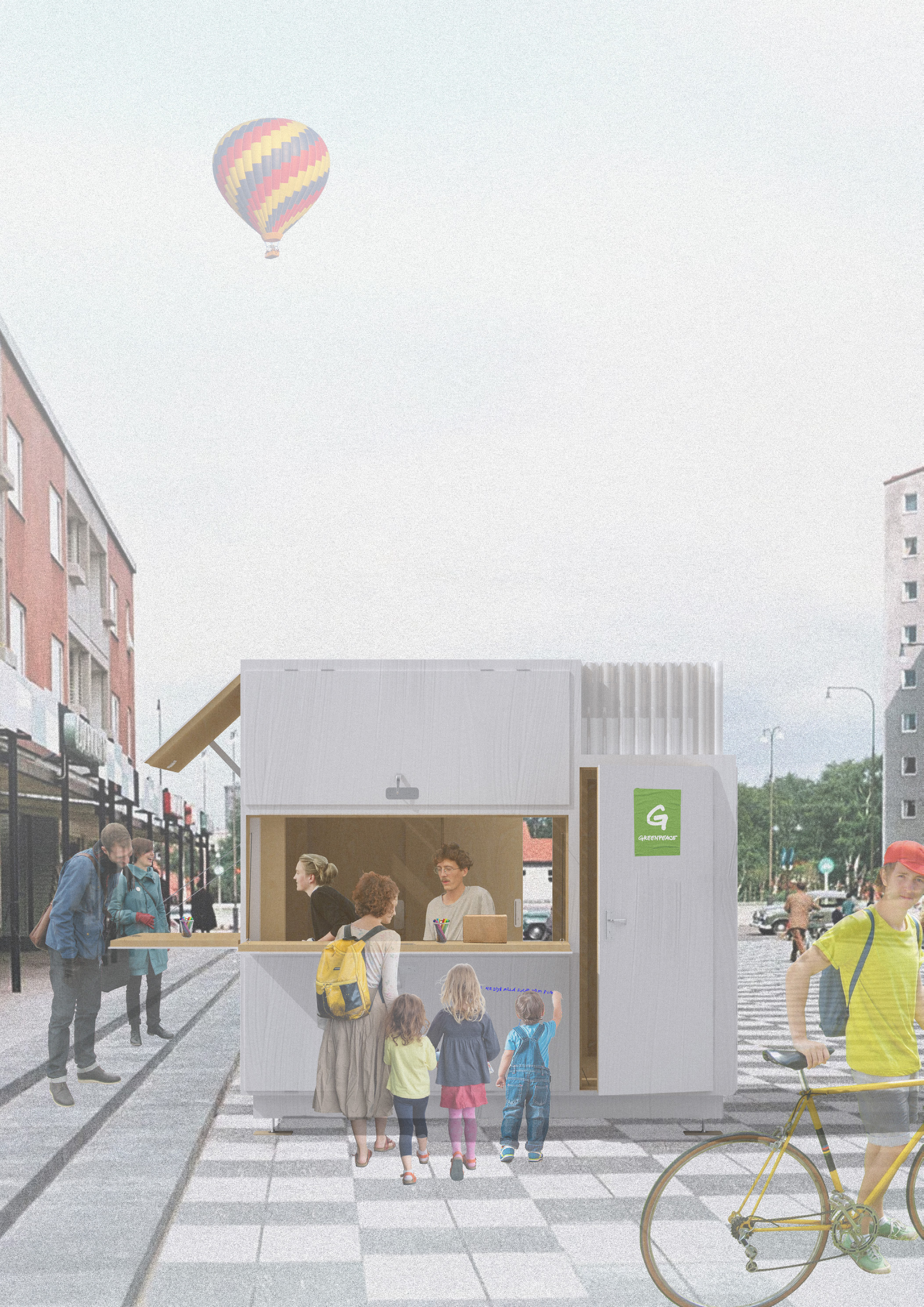En vit kiosk står på en stadsgata. Flera vuxna och barn är bredvid. En luftballong syns i himlen ovanför.