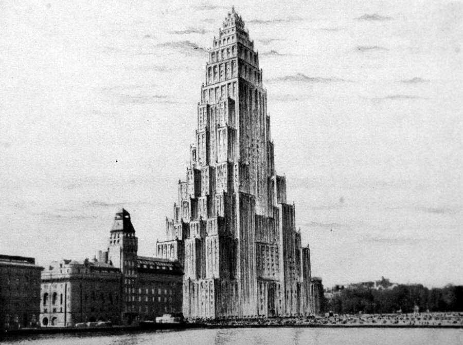 Svartvit arkitektritning av en hög skyskrapa med stegat utseende, bredvid lägre historiska byggnader vid vatten.